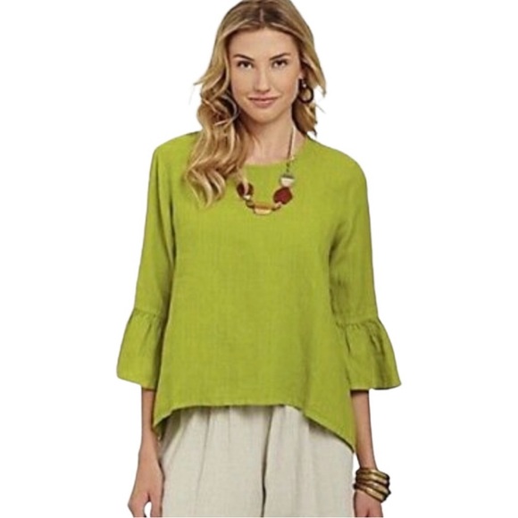 Bryn Walker Fran Linen Round Neck Ruffle 3/4 Bell Sleeve Top Tunic - Picture 1 of 11